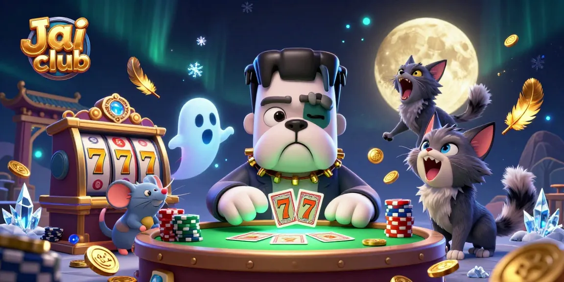 Engage in vibrant gameplay at Jai Club with a Frankenstein bulldog dealing cards and a werewolf kitten in a casino.