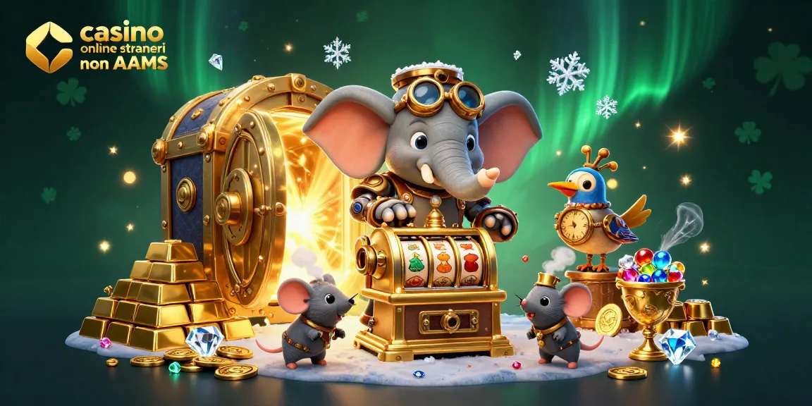 Scopri i casino online stranieri non AAMS con un elefante steampunk che gestisce una slot machine dorata.
