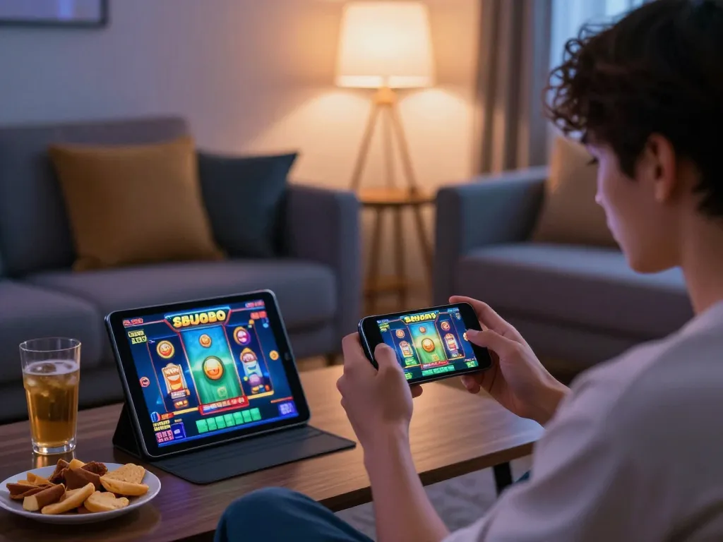 Engage in thrilling slot88 gaming action on a smartphone in a cozy living room setting