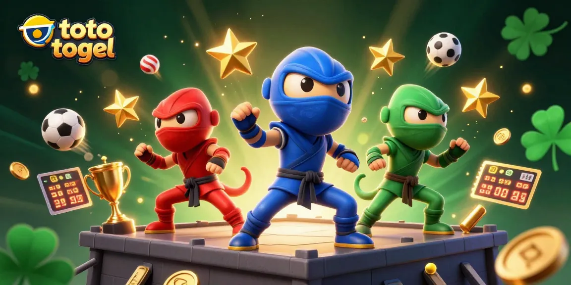 Scene dinamis Toto Togel menampilkan ninja chameleon di tengah elemen olahraga emas dan warna yang cerah.