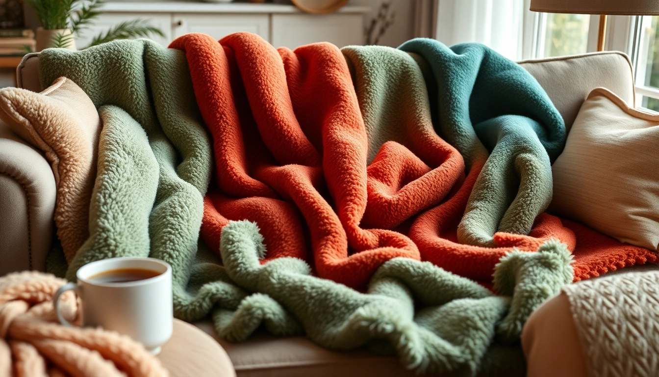 Fleece dekens met kleurrijke patronen op een stijlvolle bank in een gezellige woonkamer.