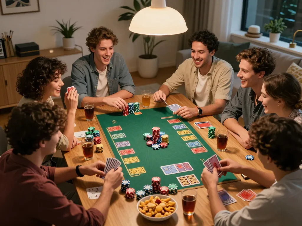 Engaged friends playing cards at home with hitclubapk making for exciting gameplay