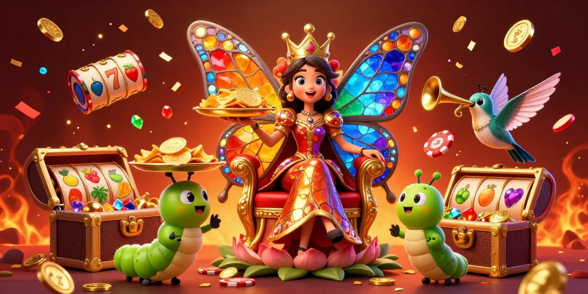 Remportez des gains excitants sur le site casino en ligne avec une reine papillon entourée de joyaux et de jetons.