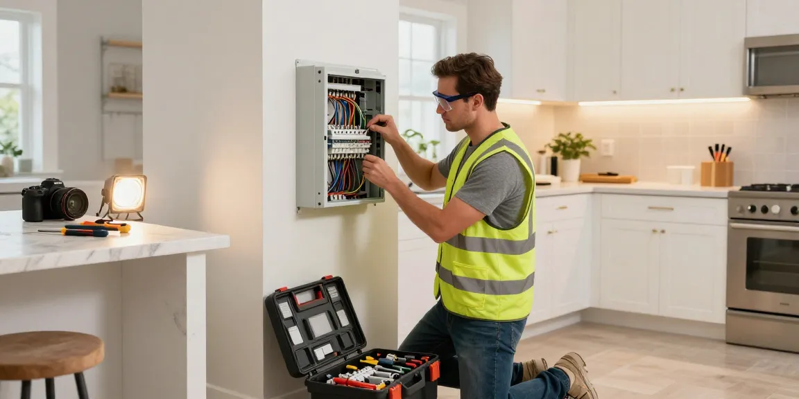 Electrician at istanbano.com wiring a residential panel in a modern Birmingham kitchen.