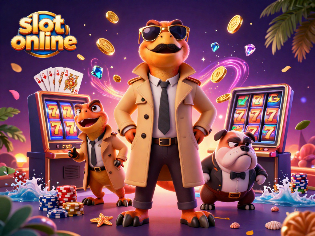Engage with thrilling slot online action featuring animated raptors and casino elements.