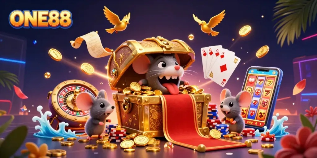 Experience the riches of gambling with ONE88 in this vibrant, 3D casino illustration featuring a golden treasure chest.