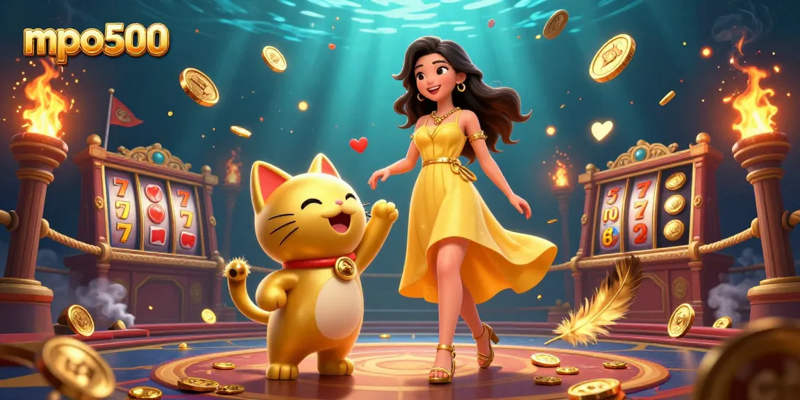 Experience thrilling wins with mpo500 as a beautiful Asian woman interacts with a golden lucky cat amidst slot game elements.