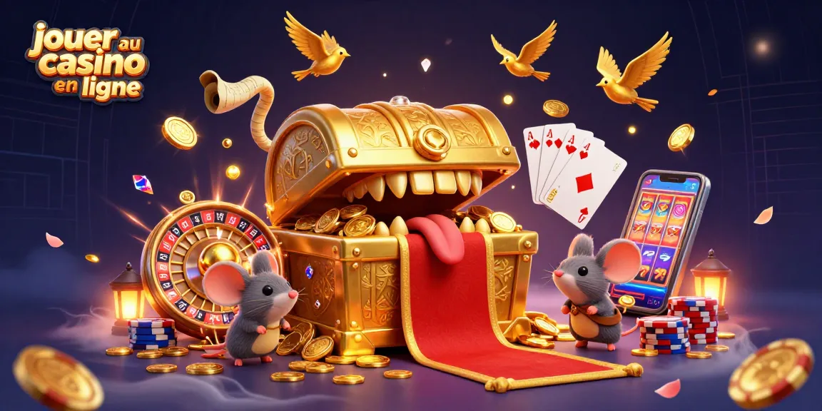 Jouer au casino en ligne avec des souris aventurières attirées par un coffre au trésor scintillant.