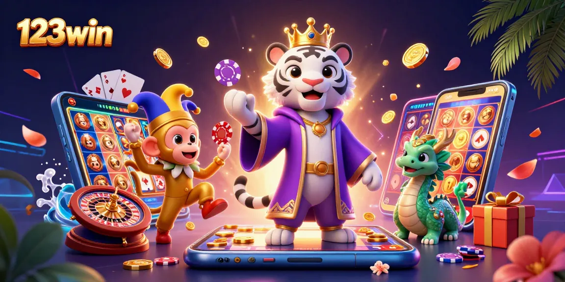 Engaging scene of 123win with a lively cartoon white tiger, monkey, and dragon amid casino games and elements.
