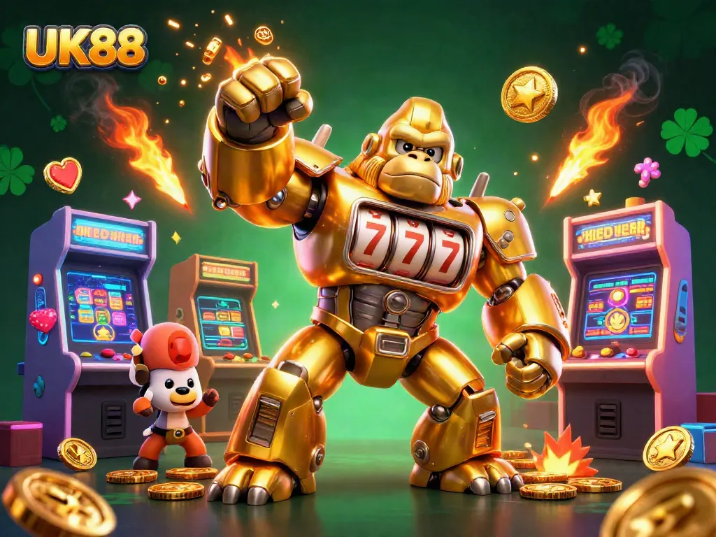A golden gorilla mech with slot machine parts features UK88, surrounded by colorful arcade machines and coins, embodying casino excitement.
