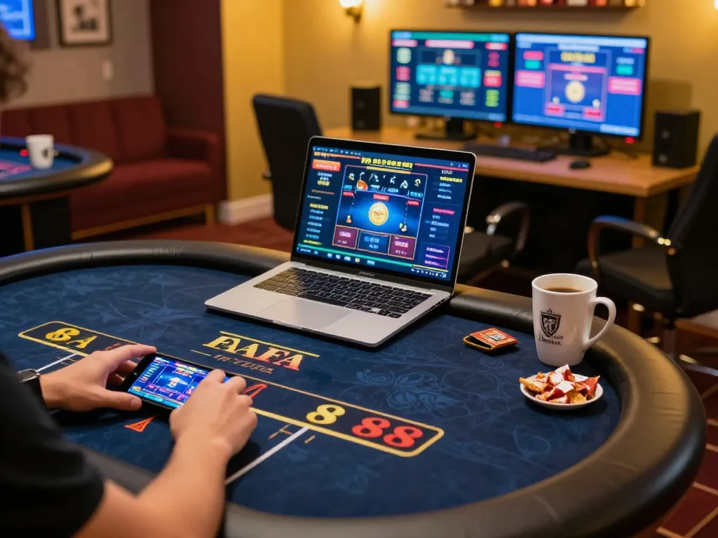 Engaging in FAFA 828 game at home, showcasing a vibrant online casino atmosphere.