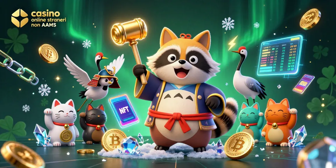 Interagisci con i casinò online stranieri non AAMS attraverso un'illustrazione 3D vivace, che mostra simboli fortunati ed elementi crypto.