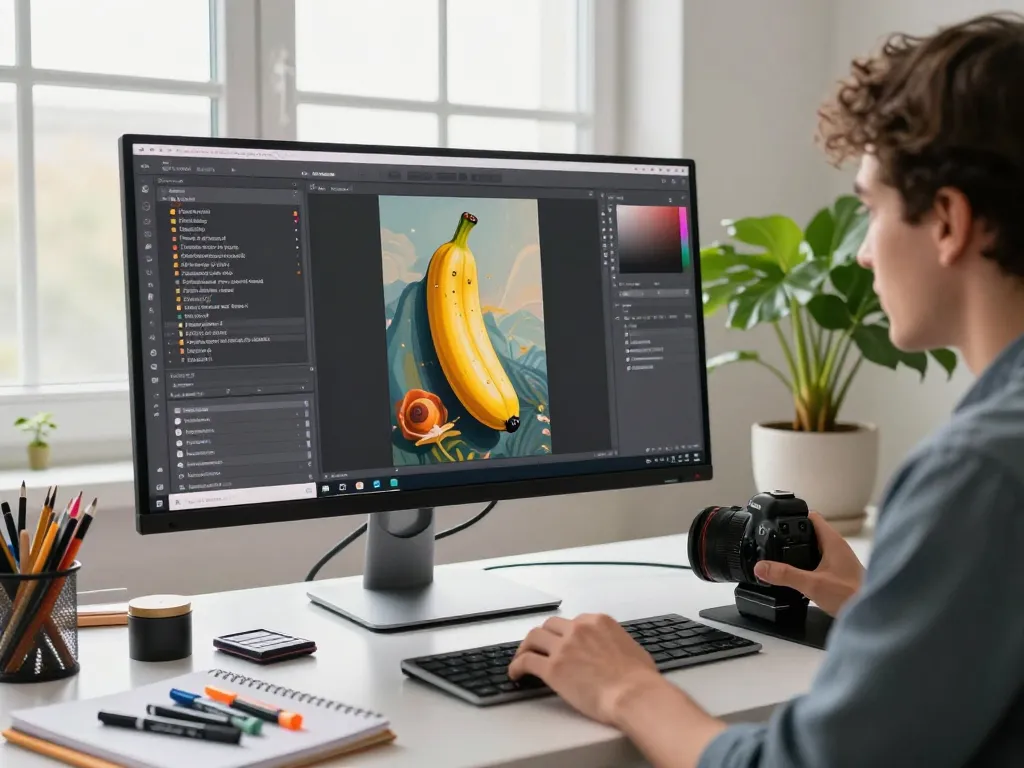 Digital artist using nano banana pro AI for image editing in a creative workspace
