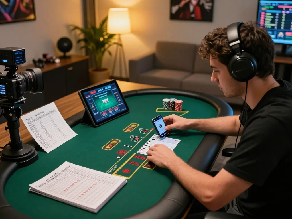 Gamer strategizing while playing TG88 live dealer blackjack on tablet and smartphone at a stylish home desk.