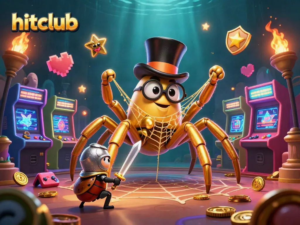Engage with hitclub by spinning the golden web of rewards in this vibrant casino scene.