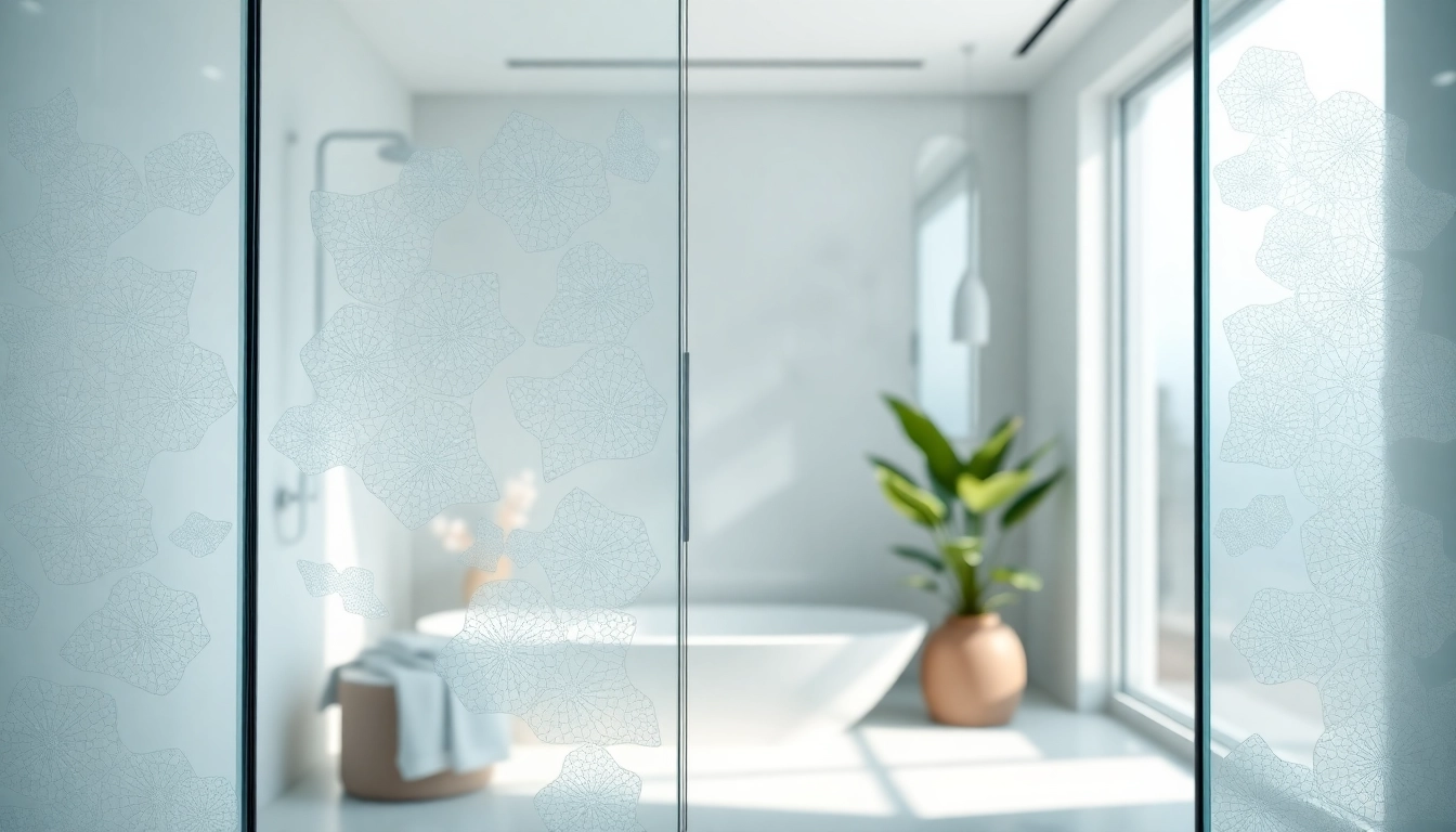 Elegant glass shower doors reflecting natural light in a modern bathroom setting.