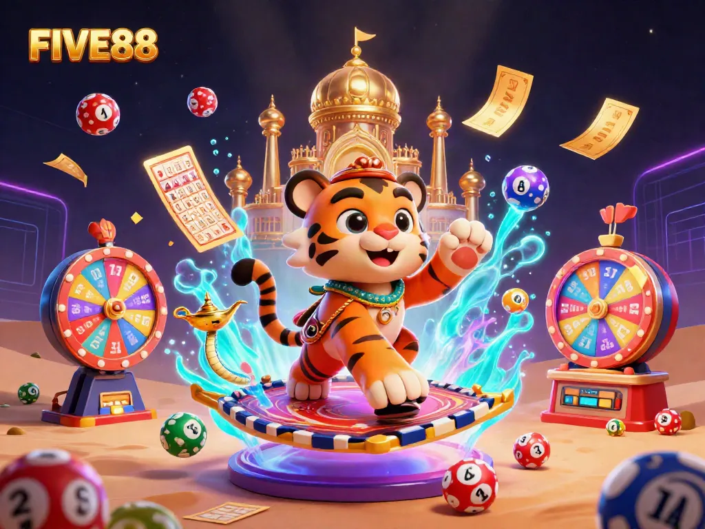 Join the excitement at FIVE88 with this vibrant casino-themed 3D illustration showcasing tipping lottery balls and colorful prizes.