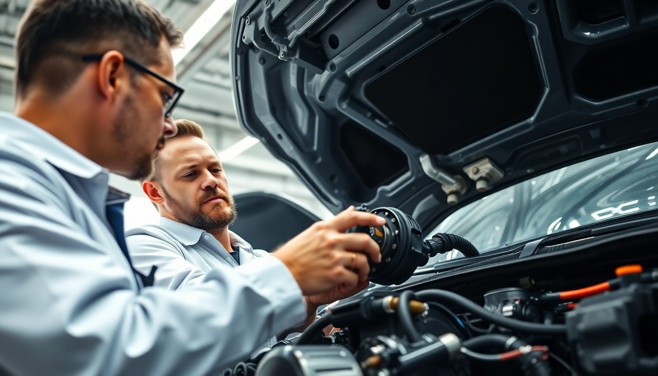 Inspecting a vehicle's powertrain extended warranty components in a modern garage.