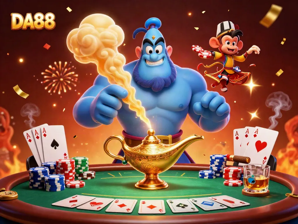 Engage with DA88's vibrant casino atmosphere featuring a genie and poker elements.