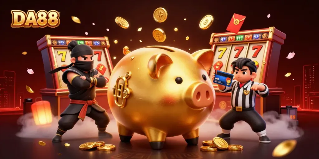 Experience DA88 excitement with a lively scene of a piggy bank sumo wrestler amidst dynamic casino fun.