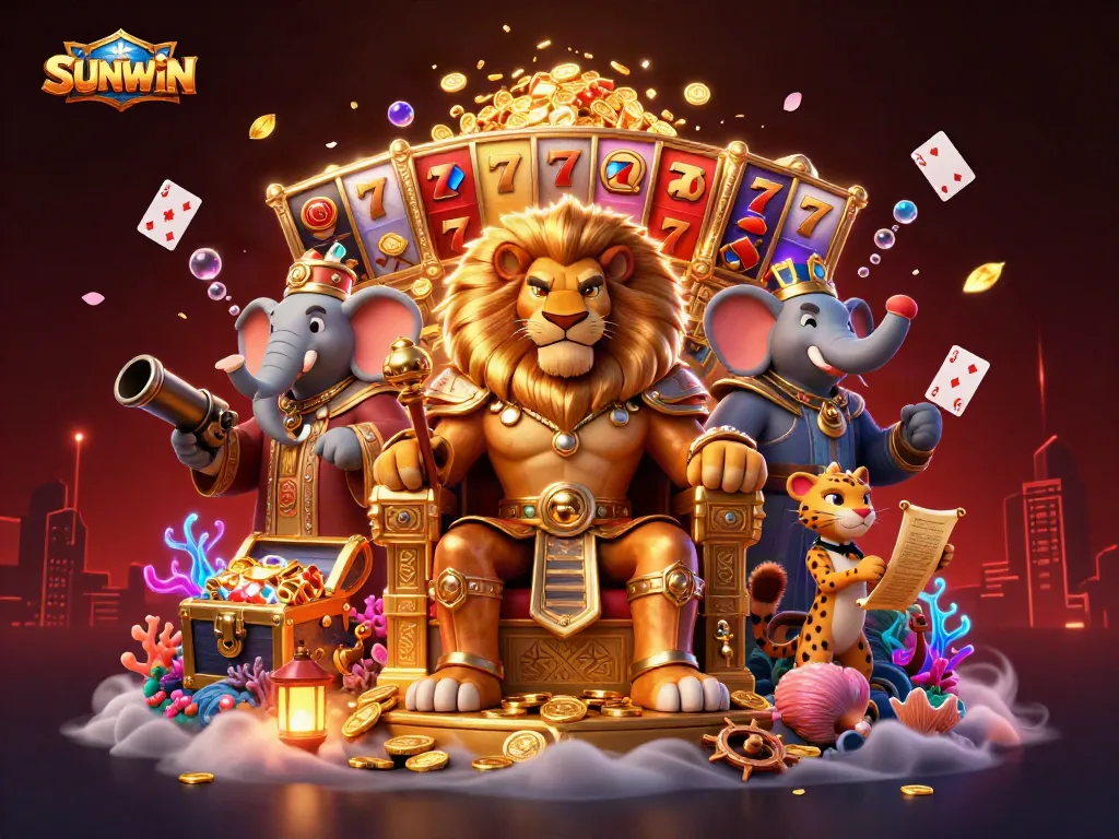 SUNWIN showcases exciting jackpot features with a lion king and vibrant casino elements in this dynamic illustration.