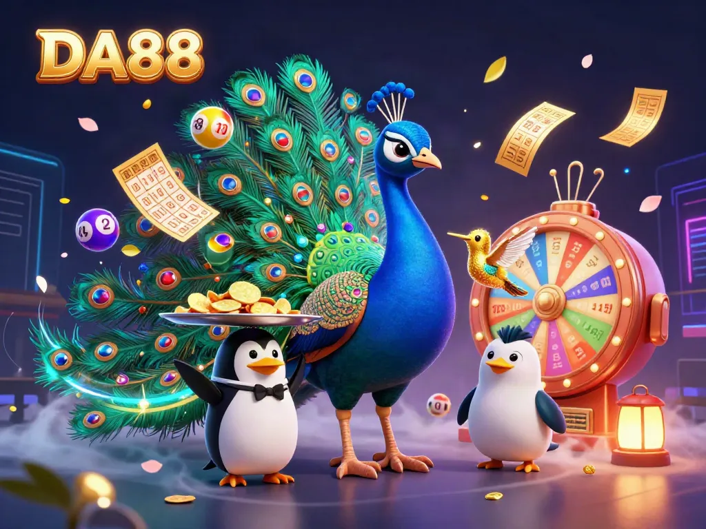 DA88 players engaging in a vibrant online casino scene filled with dynamic game elements and animated characters.