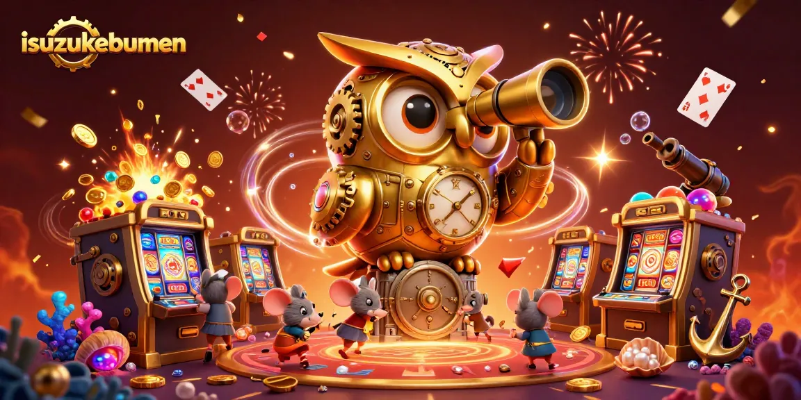 Engage with the isuzukebumen casino scene featuring a golden owl and animated mice among slot machines.