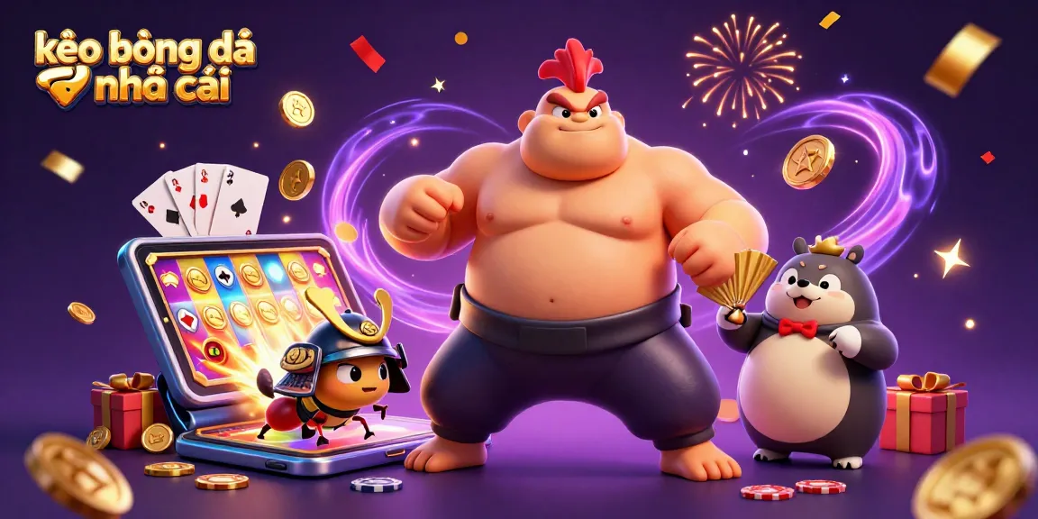 Engage in kèo bóng đá nhà cái with a sumo wrestler, samurai cricket, and a tanuki in a vibrant casino setting.