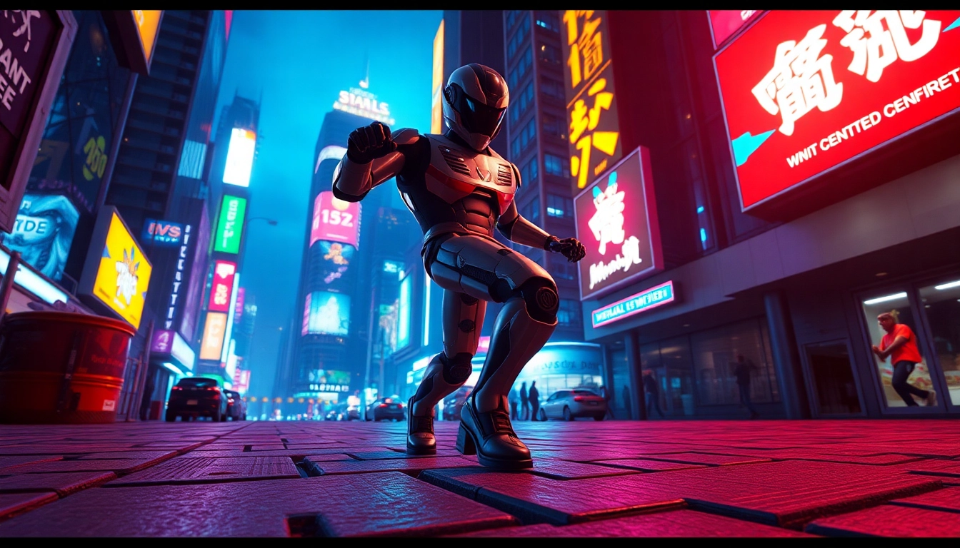 3D Animation character dancing in a vibrant urban environment with neon lights.