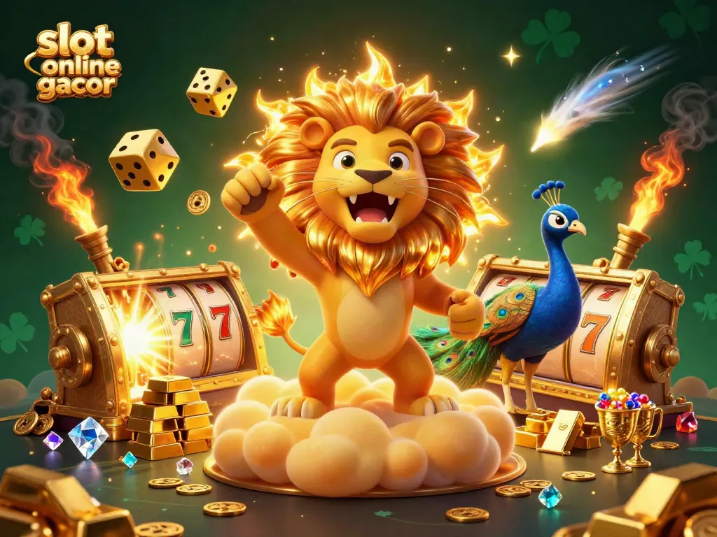 Engage with the slot online gacor scene featuring a roaring sun lion, golden dice, and abundant treasures.