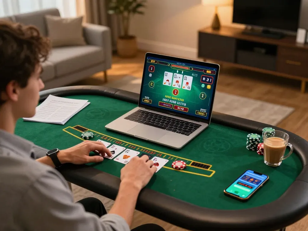 Player enjoying live dealer blackjack on B52 platform at home, showcasing strategic gaming.