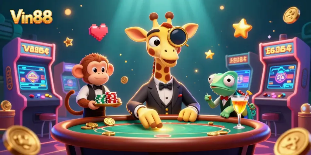 Experience thrilling wins at Vin88 with a high-roller giraffe, monkey valet, and chameleon bartender.