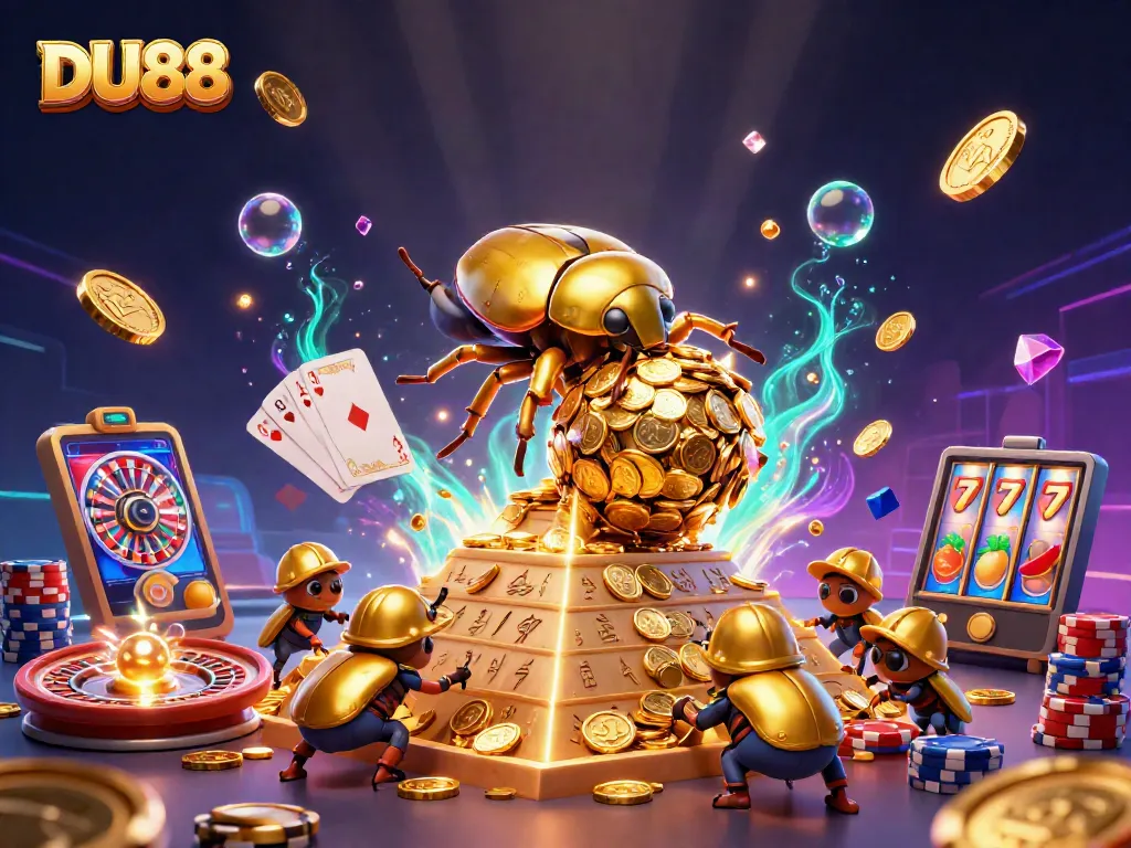 Engage in winning strategies at DU88 with the massive beetle rolling golden coins and vibrant casino symbols.