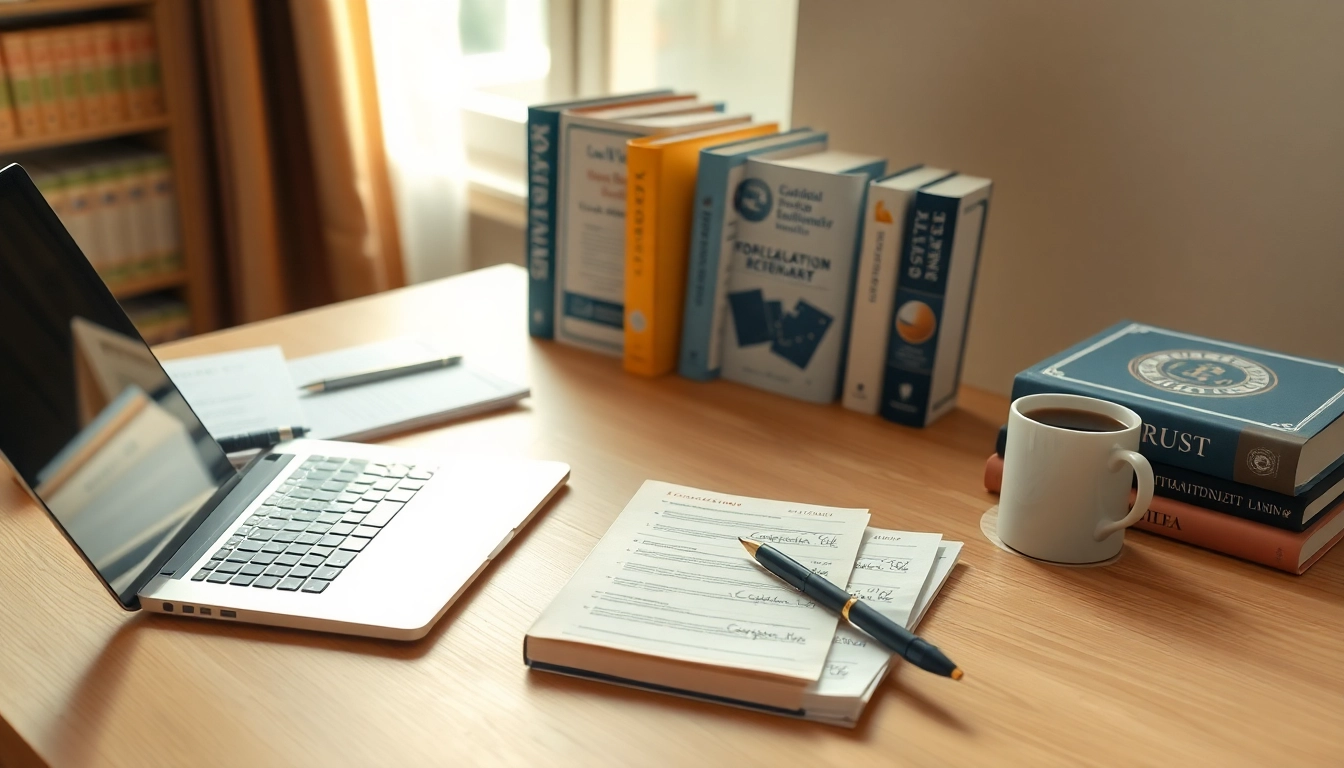 A dedicated workspace of a traducător autorizat showcasing professional tools and certifications in a warm, inviting setting.