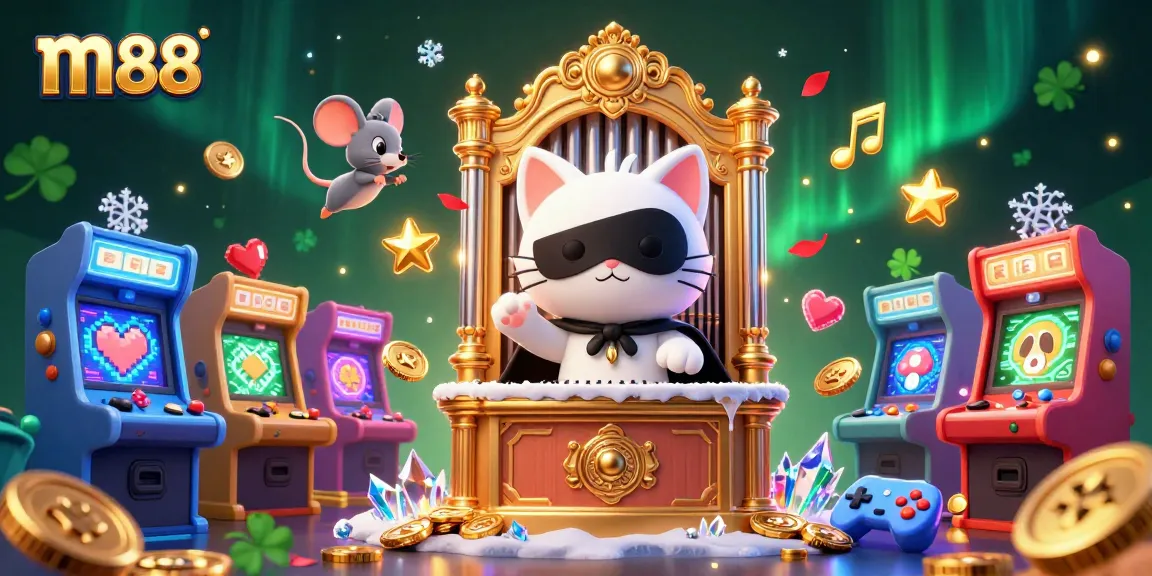 m88 engages players with an extravagant casino scene featuring a cat and glowing game elements.