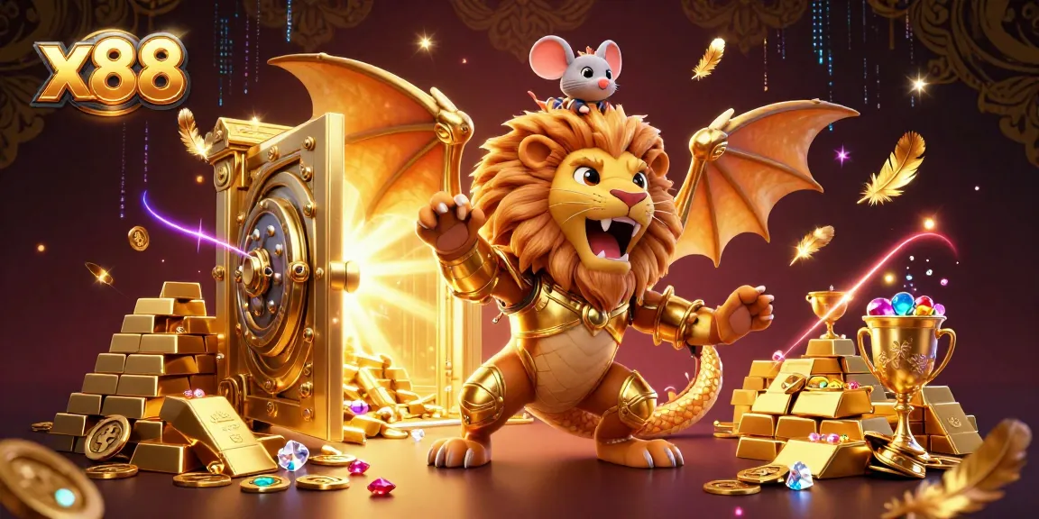 x88 showcases a majestic chimera creature in golden armor alongside sparkling treasure, symbolizing a top-tier online casino experience.