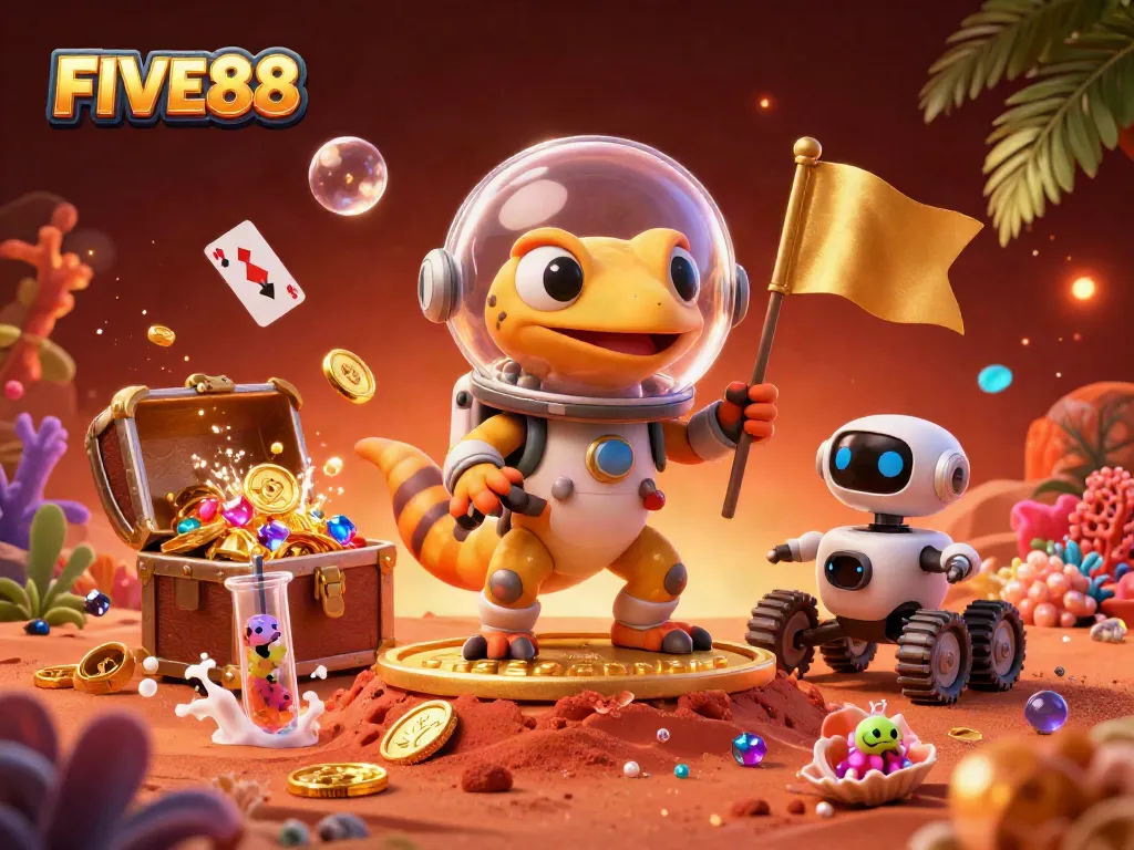Experience winning strategies at FIVE88 with a vibrant casino game scene and dynamic characters.