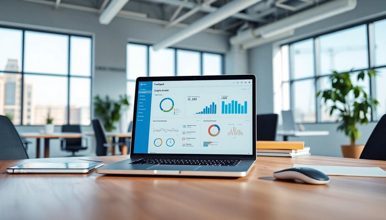 Showcasing enterprise assistant saas solution on a sleek modern workstation with digital dashboards.