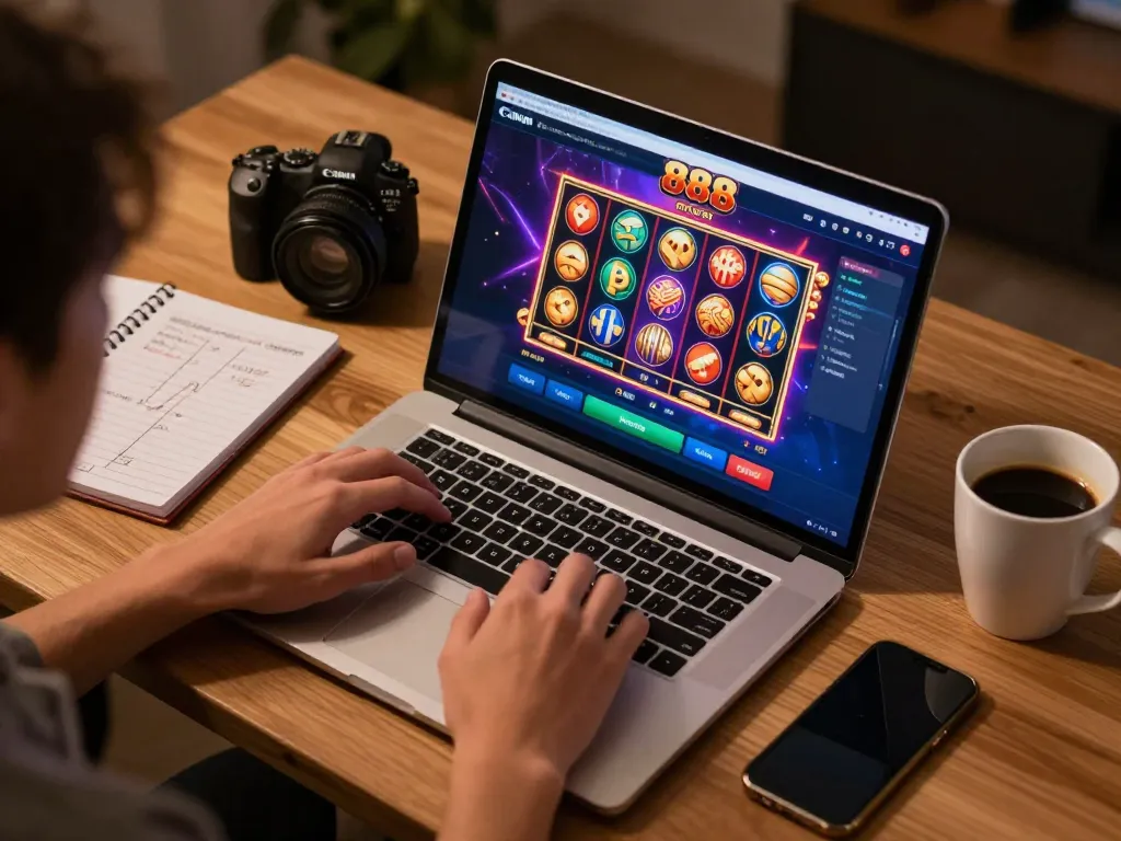 Engaging gaming scene revealing slot888 interface on laptop, showcasing a strategic online gambling experience.