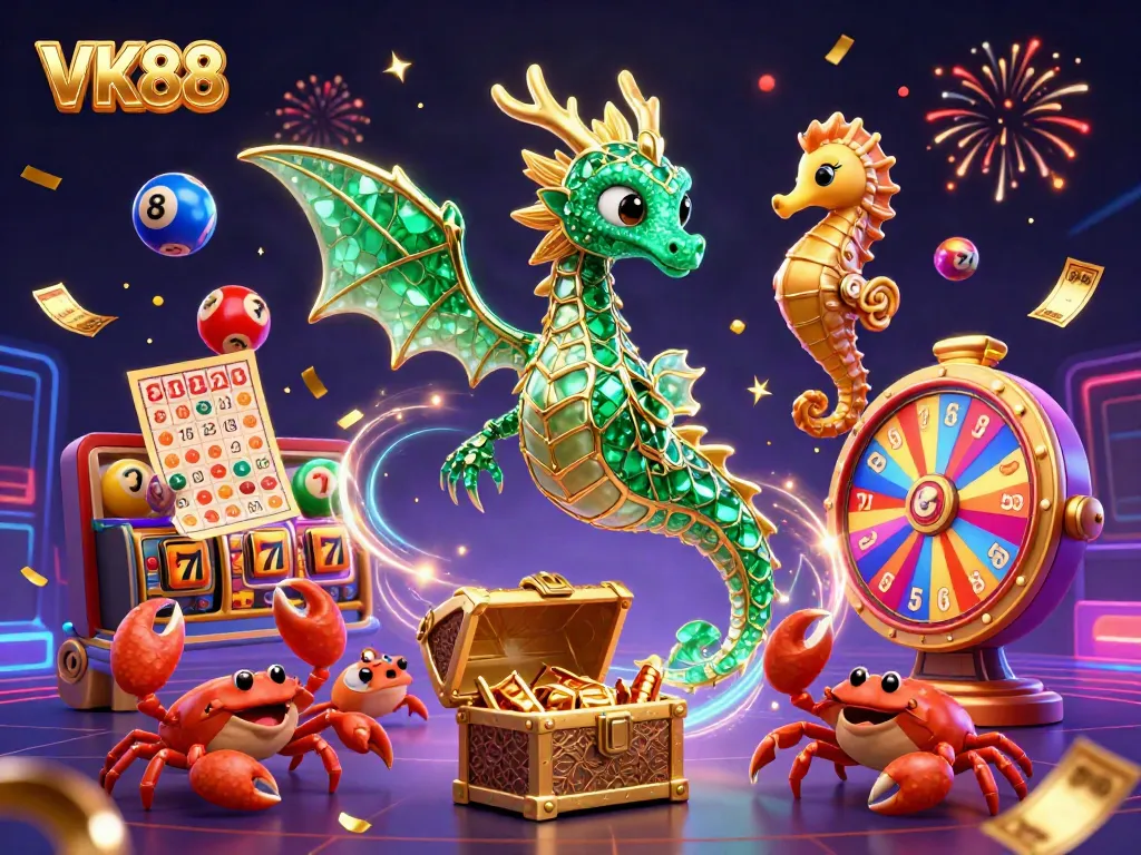Engage with VK88's vibrant slot adventure featuring a magical sea dragon and treasure-filled scene.
