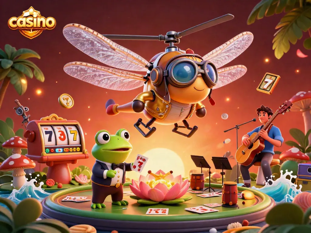 Experience the excitement of a casino scene featuring a whimsical dragonfly pilot and frog croupier.
