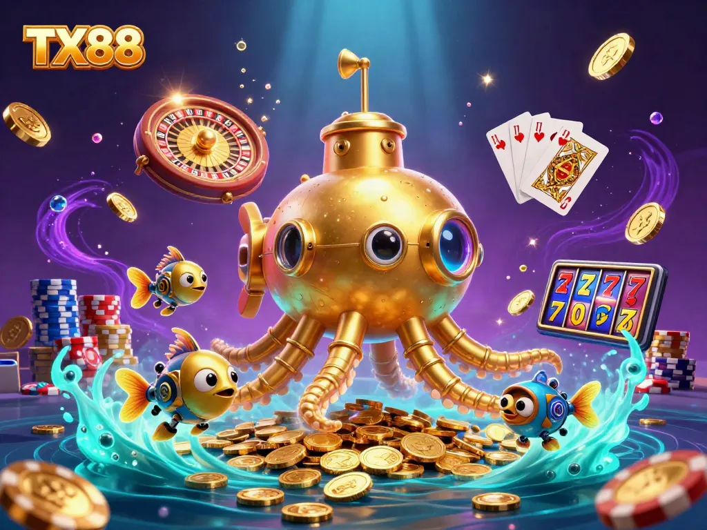 Experience thrilling gaming action with TX88's vibrant casino scene filled with golden treasures.
