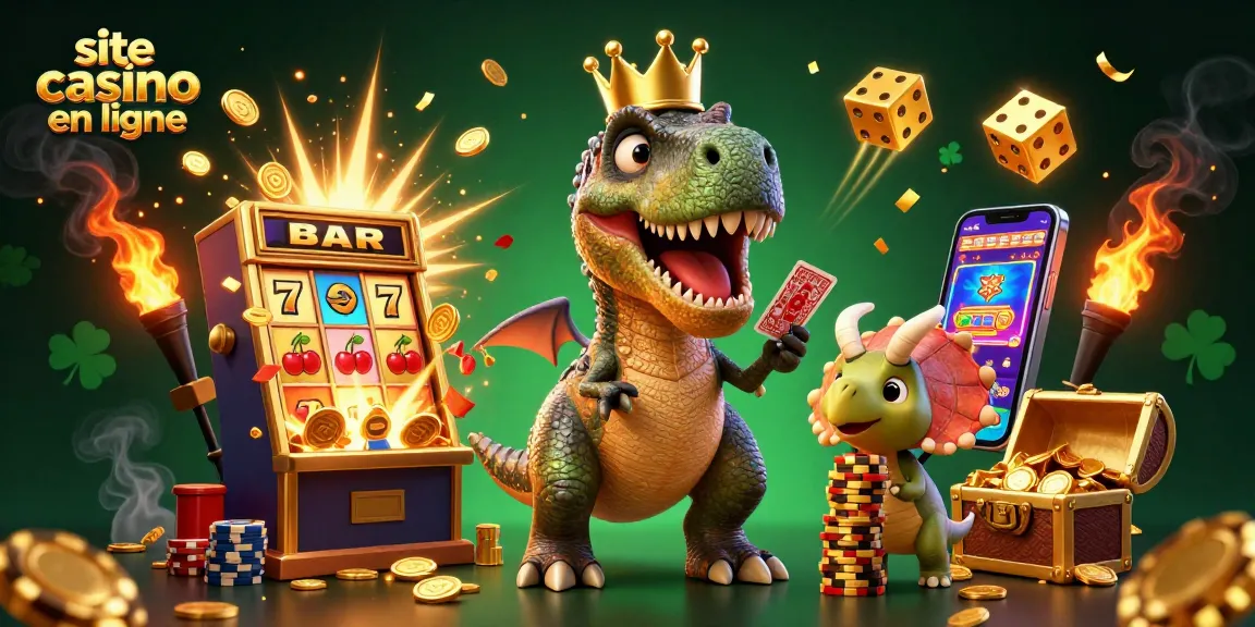 Jouez sur un site casino en ligne avec un T-Rex amusant et des éléments de jeux dynamiques.