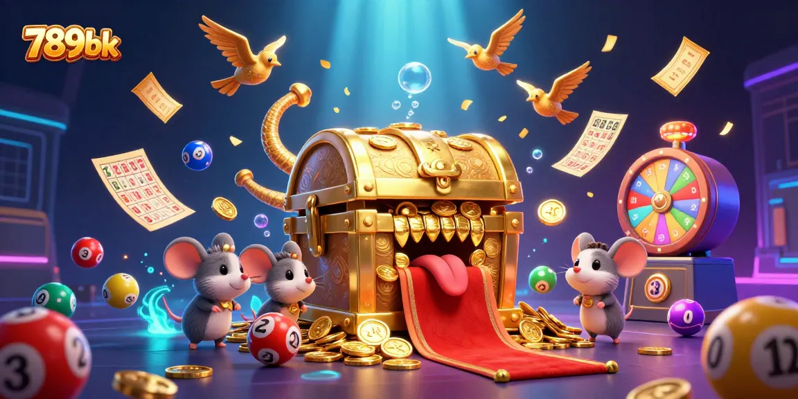 Engage with the vibrant world of 789bk through a rich 3D illustration showcasing dynamic lottery balls and treasure.