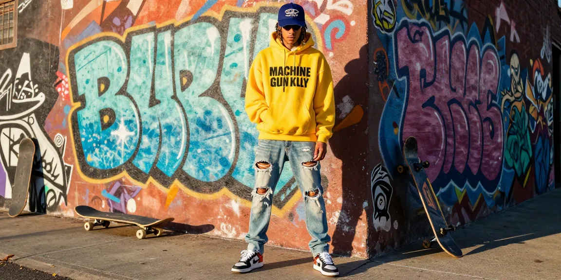 Stylish individual in kw rokok 88 streetwear with graffiti backdrop, showcasing bold fashion choices.