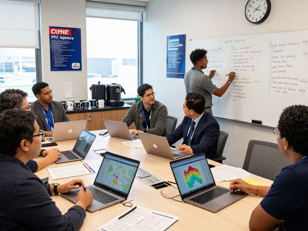 Dynamic political PPC agency team collaborating on campaign strategies and voter targeting in an energetic office setting.