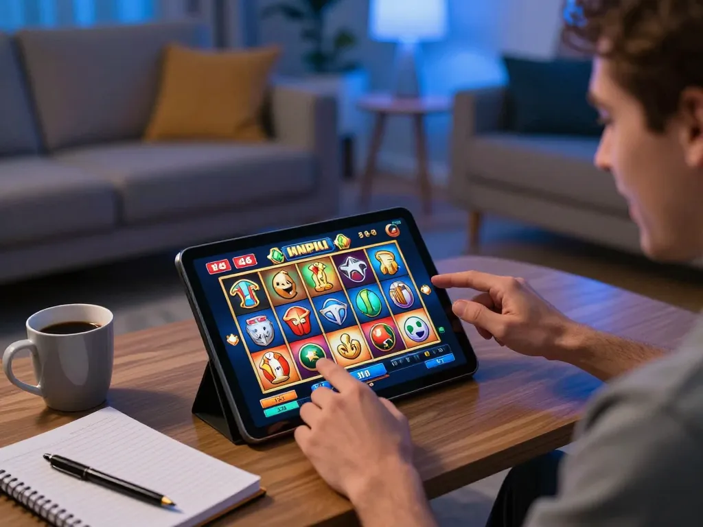 Player engaging with online slot game on tablet in cozy living room setting