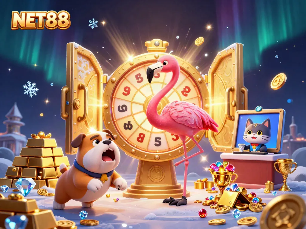 Experience thrilling gaming action with NET88's vibrant 3D illustration of exciting casino elements.