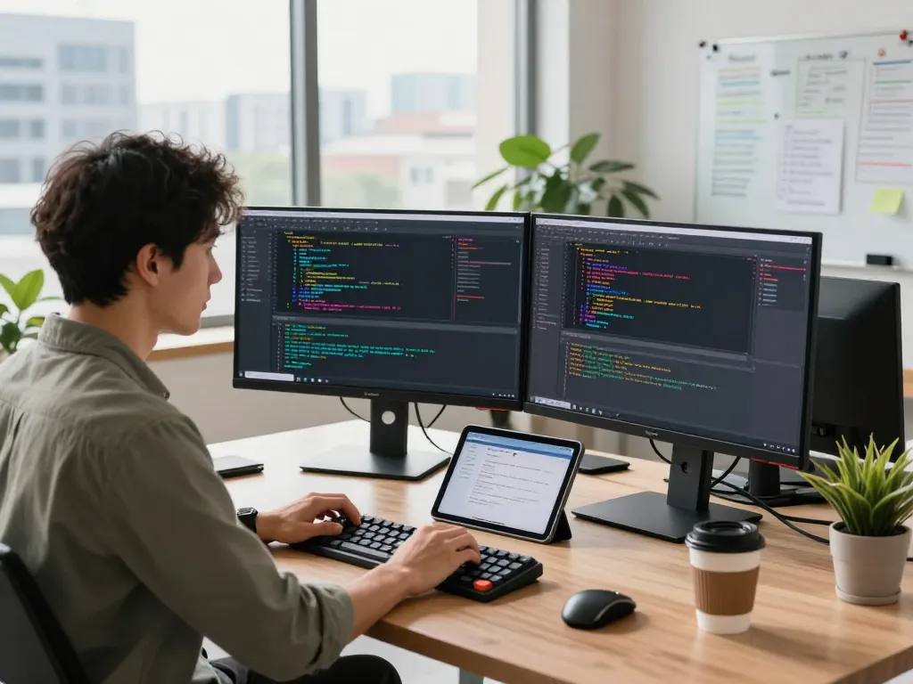 OpenClaw AI developer workspace with dual monitors displaying code and debugging tools in a modern office.