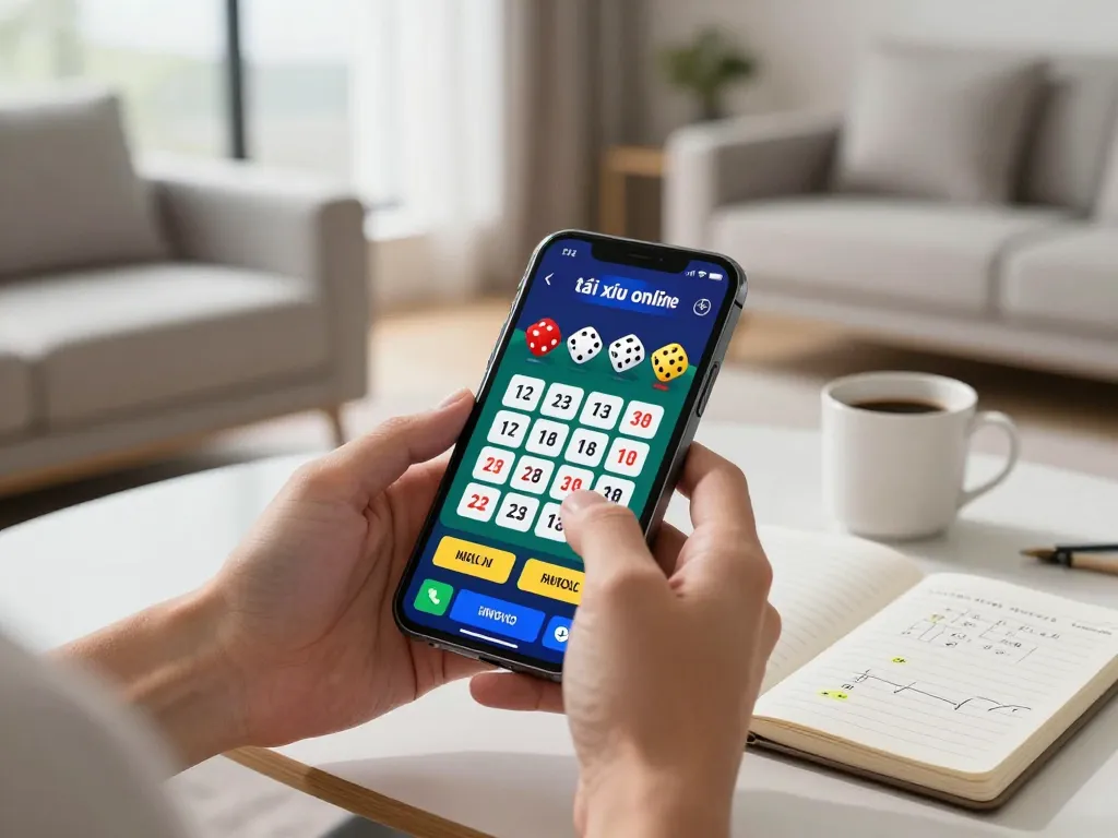 Player exploring app tài xỉu online uy tín with dice interface on smartphone in modern home
